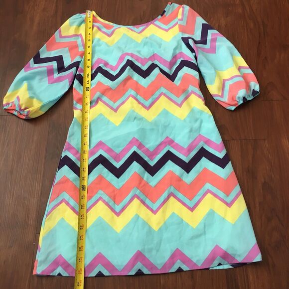 Jun & Min Sz Small Pastel Color Chevron Party Dress Puffy Sleeves Bow On Back - Picture 2 of 12